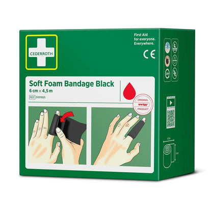 Boîte verte de Orkla Wound Care AB Cederroth bandage en mousse souple noir 6 cm x 4,5m (1 pièce). Le devant montre des images de mains enroulant un bandage noir autour des doigts, avec des détails du produit en lettres blanches et noires.
