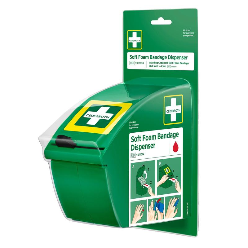 Le distributeur de bandages en mousse souple Cederroth bleu d'Orkla Wound Care AB est un distributeur mural pour les premiers secours avec des rouleaux de mousse bleue auto-adhésifs. L'emballage contient des informations sur le produit, le logo de la marque et un guide illustré. Emballage (1 pièce).