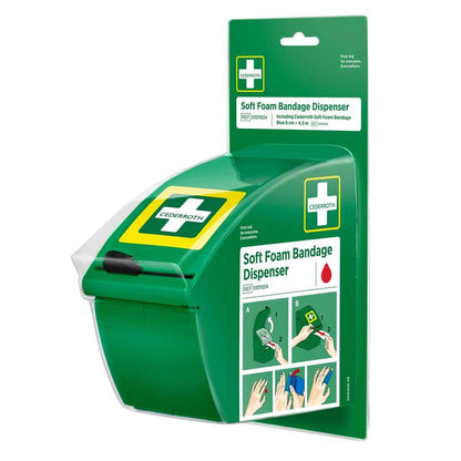 Le distributeur de bandages en mousse souple Cederroth bleu d'Orkla Wound Care AB est un distributeur mural pour les premiers secours avec des rouleaux de mousse bleue auto-adhésifs. L'emballage contient des informations sur le produit, le logo de la marque et un guide illustré. Emballage (1 pièce).