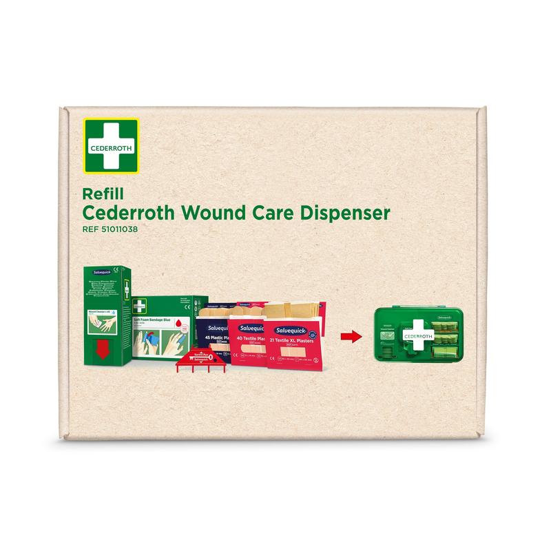 Un carton avec l'inscription "Recharge de premiers secours Cederroth pour distributeur de soin des plaies Cederroth réf 51011006" de Orkla Wound Care AB, avec des produits de soin des plaies et un distributeur vert. Le logo Cederroth est situé dans le coin supérieur gauche.