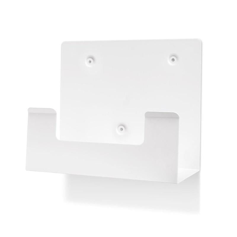 Le support mural Orkla Wound Care AB pour étui de rinçage oculaire REF 51011042 (1 pièce) est un support mural en métal blanc avec une plaque arrière plate, quatre trous de vis et deux supports d'étagère - design minimaliste pour une protection oculaire optimale sur le lieu de travail.