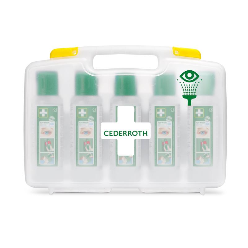 Die Cederroth Augenspülung (5x500ml) im tragbaren Etui von Orkla Wound Care AB bietet fünf Flaschen im transparenten Koffer mit gelbem Griff - perfekt gekennzeichnet und ideal für die Augenspülung am Arbeitsplatz. REF 7255 ersetzen | Packung (1 Stück).