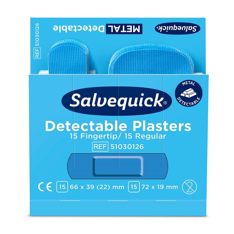 Une boîte bleue d'Orkla Wound Care AB, "Fingertip/normal bleu reconnaissable, 30 pièces/mine", contient 15 pansements pour les doigts et 15 pansements normaux. Détectable par métal et idéal pour une utilisation dans l'industrie alimentaire. Emballage (6 pièces).