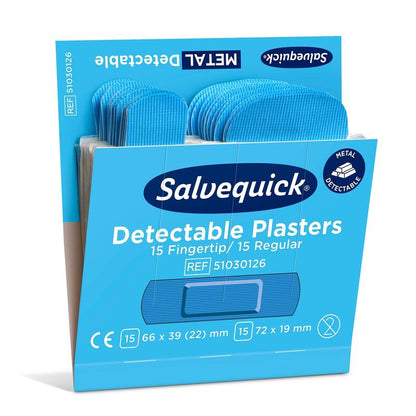 Représentée est une boîte bleue Orkla Wound Care AB Fingertip/normal bleu reconnaissable, 30 pièces/pansements mine (paquet de 6) avec 15 pansements pour les doigts et 15 pansements métallodétectables normaux ; les détails et les dimensions sont indiqués sur l'emballage.