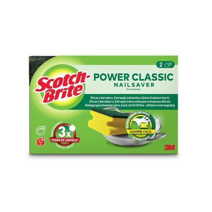 Une boîte de Scotch-Brite® Éponge à manche classique (2 pièces par paquet) de 3M Deutschland GmbH, avec deux éponges jaune-vert, un marquage visible, les principales caractéristiques de performance de nettoyage et du texte en espagnol, portugais et allemand sur fond blanc.