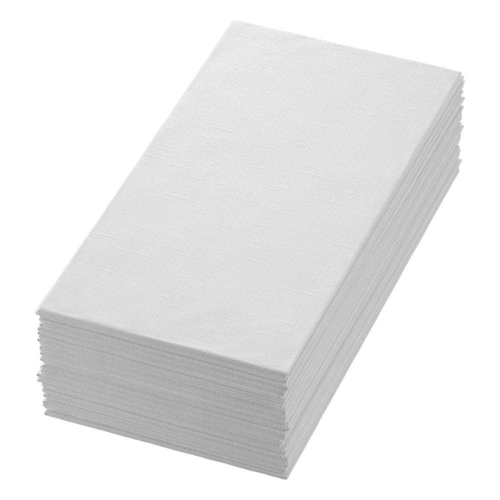 Une pile de serviettes Dunilin® 48 x 48 cm en blanc de Duni GmbH avec une texture subtile et des bords parfaitement alignés est soigneusement disposée sur un fond blanc et offre un choix respectueux de l'environnement pour chaque occasion. Chaque paquet contient 36 serviettes qui rappellent l'élégance semblable au tissu.