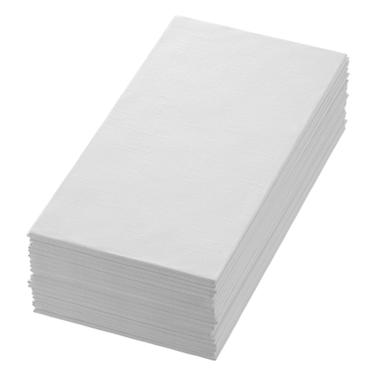 Une pile de serviettes Dunilin® 48 x 48 cm en blanc de Duni GmbH avec une texture subtile et des bords parfaitement alignés est soigneusement disposée sur un fond blanc et offre un choix respectueux de l'environnement pour chaque occasion. Chaque paquet contient 36 serviettes qui rappellent l'élégance semblable au tissu.