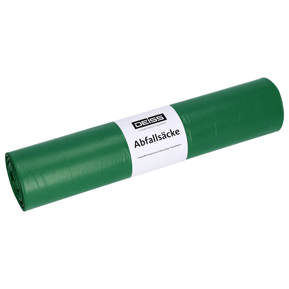 Un rouleau de sacs poubelle DEISS 52001 (700x1100 mm, type 20, vert, 50 pièces) de la société EMIL DEISS KG (GmbH + Co.) repose sur un fond uni blanc avec une étiquette blanche qui montre la marque et les détails du produit.