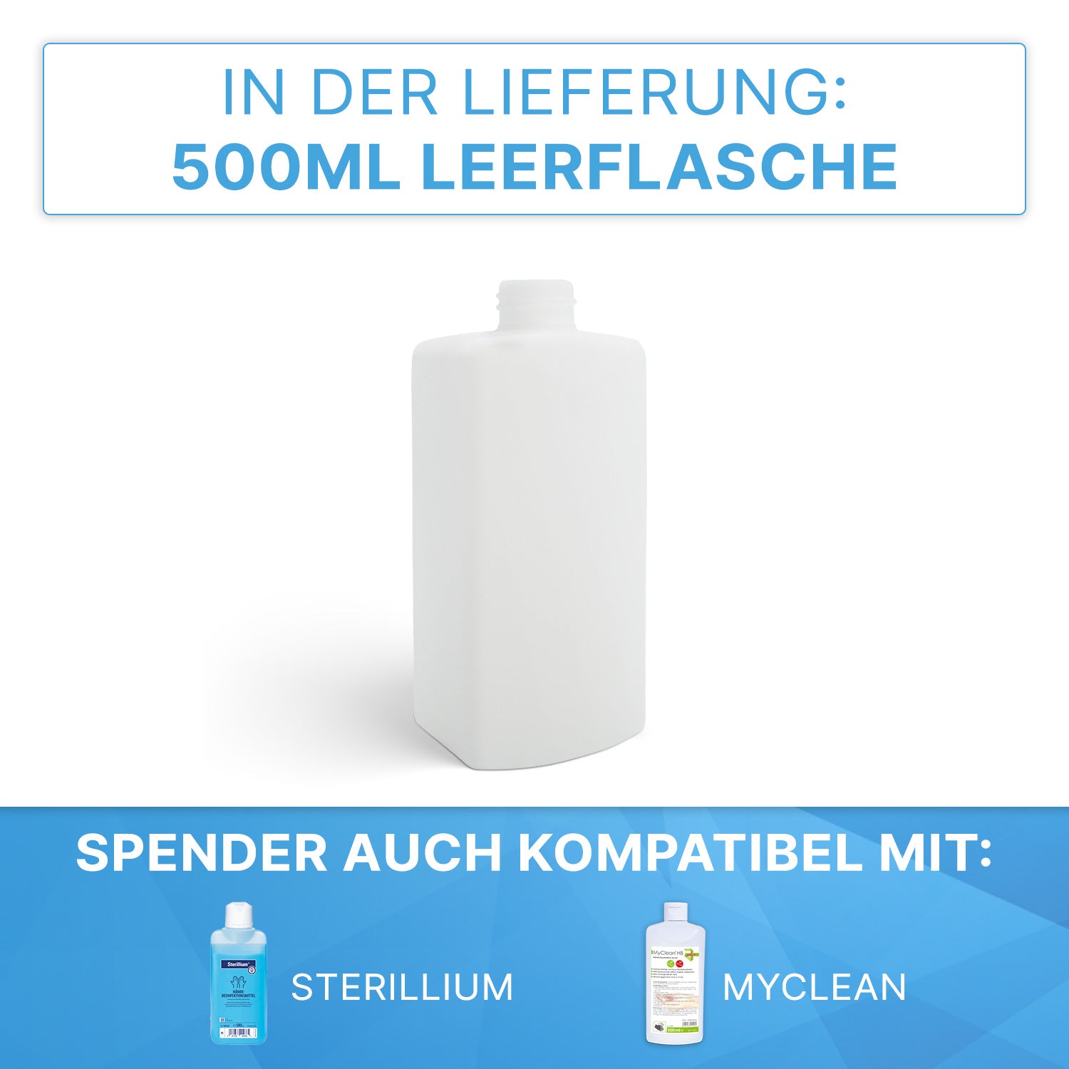 Abgebildet ist ein weißer 500ml ARNOMED DISPENSER ABS der ARNOWA GmbH. Oben bestätigt der deutsche Text, dass die leere Flasche enthalten ist. Unten, blauer Text weist darauf hin, dass dieser manuelle Spender für Sterillium- und MyClean-Produkte geeignet ist.