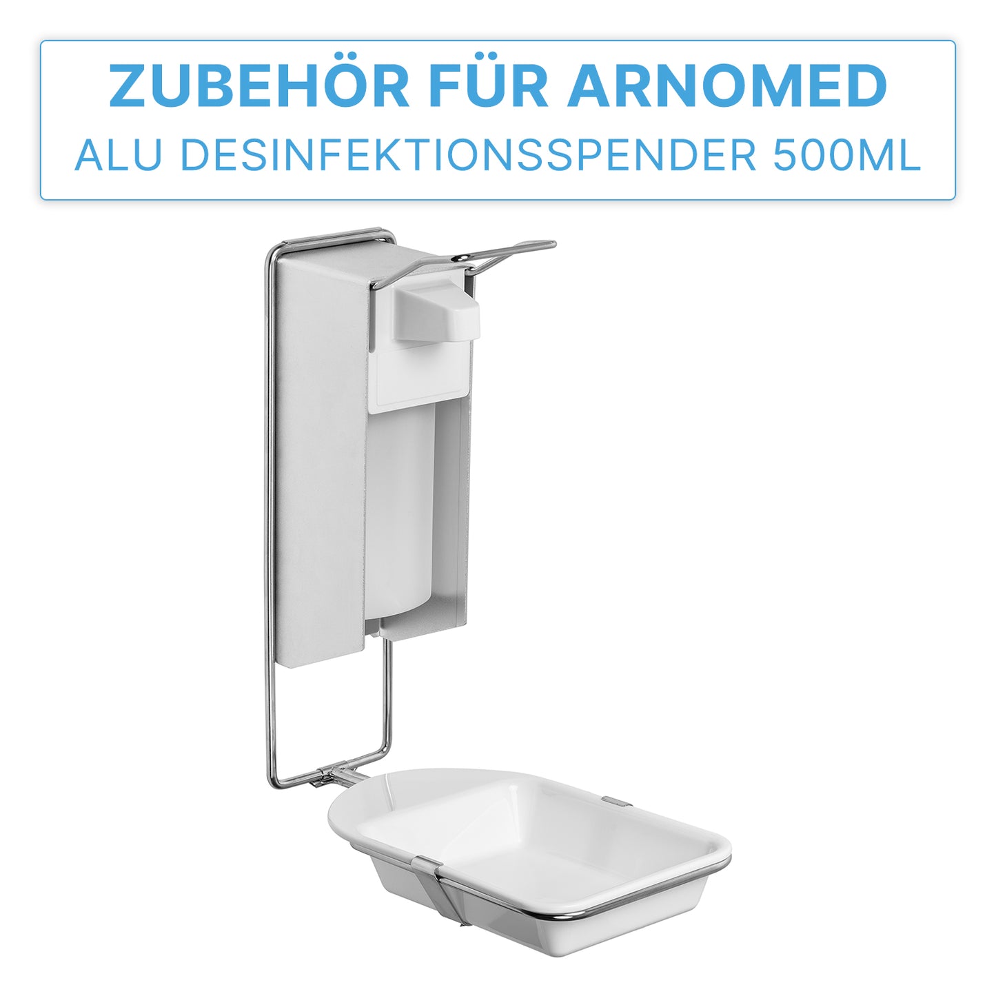 Le BAC D'ÉGOUTTEMENT DISPENSER ARNOMED de la société ARNOWA GmbH est un bac d'égouttement/accessoire pour le distributeur de savon et de désinfectant ARNOMED pour récupérer les gouttes en dessous de l'appareil mural. Texte allemand : "Accessoire pour distributeur de désinfectant Arnomed Alu 500ml."