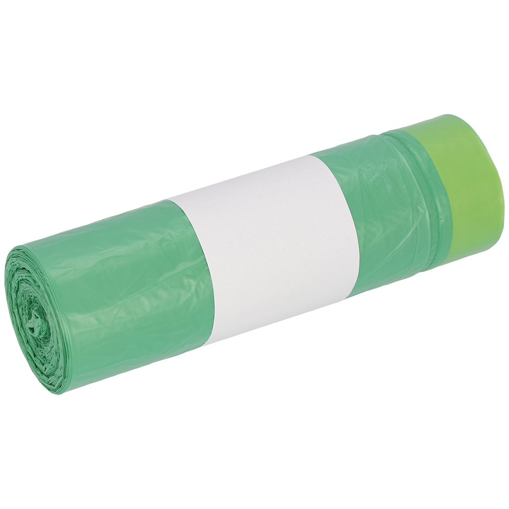 Abgebildet ist eine Rolle DEISS 52801 grüner Müllbeutel (20 Stück) der EMIL DEISS KG (GmbH + Co.) mit einem weißen Blanko-Etikett in der Mitte auf weißem Grund.
