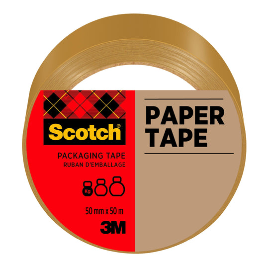 Eine Rolle Scotch® Verpackungsklebeband aus Papier, Braun, 50 mm x 50 m von 3M Deutschland GmbH. Das Etikett zeigt das Scotch-Logo, "PAPER TAPE", die Größe und das 3M-Logo - ideal zum sicheren Verpacken und Verschließen.