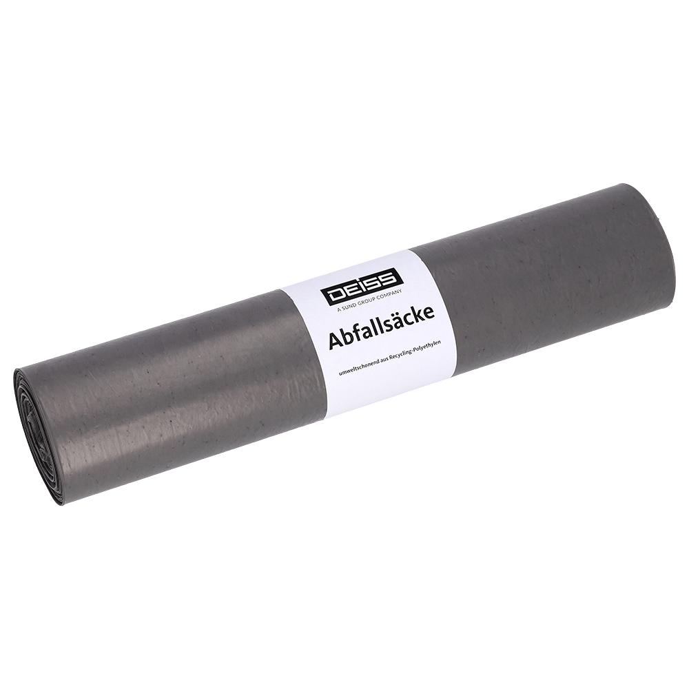 Un rouleau de sacs à déchets EMIL DEISS KG (GmbH + Co.) DEISS 54014, 700x1100 mm Type 20 gris, rouleau (50 pièces), avec étiquette blanche "DEISS" et "Abfallsäcke", repose sur un fond blanc simple.