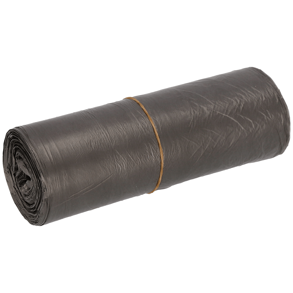 Un rouleau de sacs poubelles gris EMIL DEISS KG (GmbH + Co.) DEISS 54095 (500x580 mm, 50 pièces), sécurisé avec un élastique marron, est placé sur un fond blanc uni.