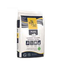 Un sac blanc et jaune de 25 kg avec l'inscription "Pastilles de sel" pour l'adoucissement de l'eau est marqué avec du texte multilingue, des symboles d'application industrielle et la marque "Diversey Deutschland GmbH & Co. OHG" au fond.