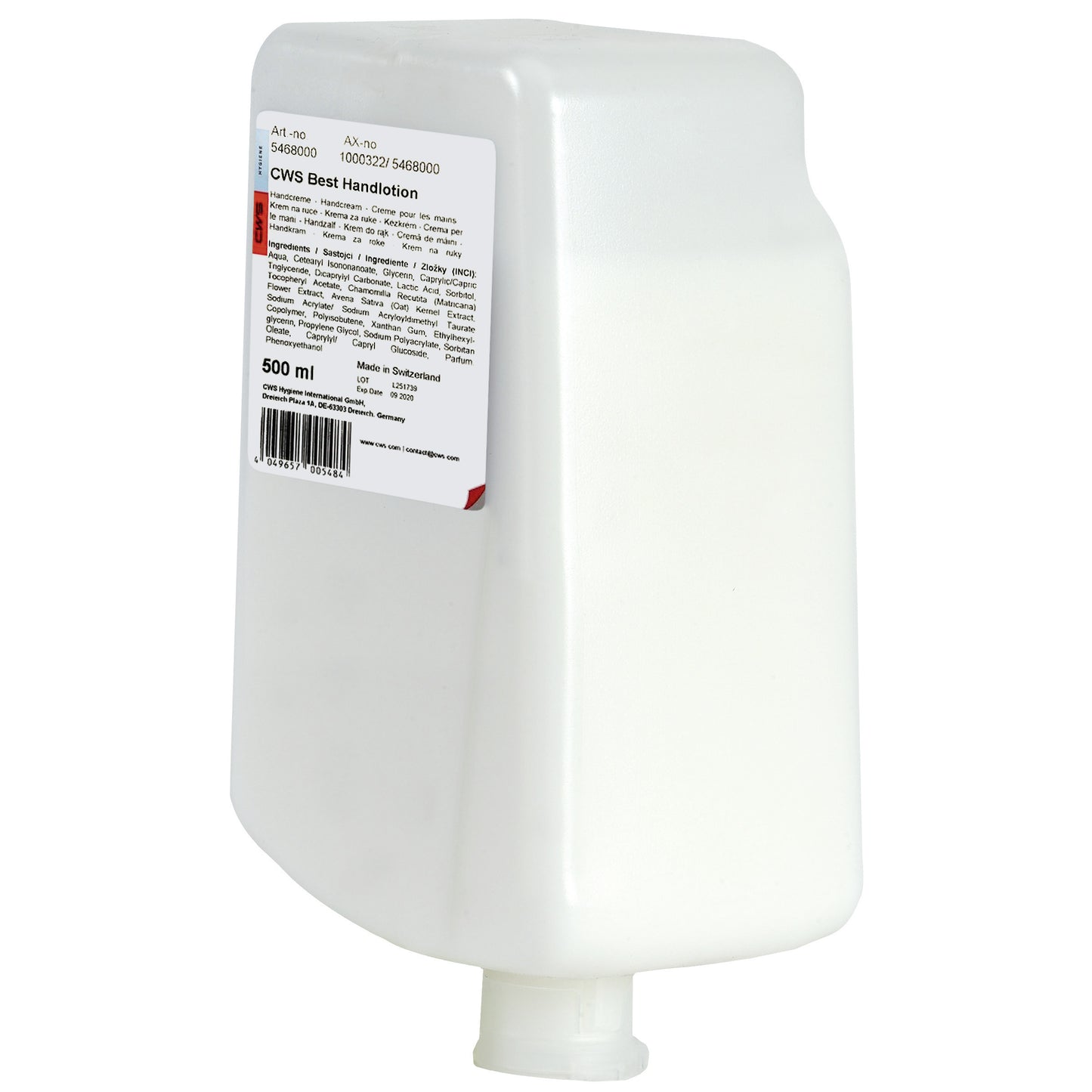 Bouteille blanche rectangulaire de 500 ml de lotion pour les mains CWS avec informations sur le produit, code-barres et une petite buse au fond pour le soin quotidien et de haute qualité des mains. Avec l'inscription "CWS Handlotion, Meilleure lotion pour les mains 500 ml | Bouteille (500 ml)".