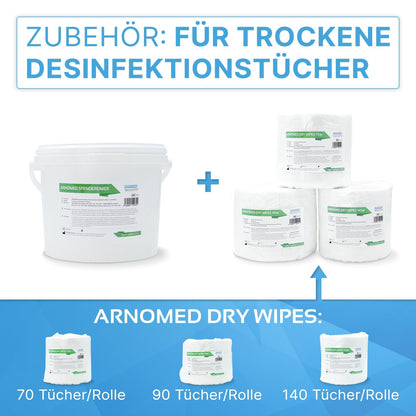 Gauche : Seau distributeur ARNOMED blanc avec l'inscription "Arnomed Sprühcremer" de ARNOWA GmbH. Droite : Trois seaux distributeurs ARNOMED pour rouleaux de lingettes (70, 90, 140 lingettes) - idéal pour la désinfection.