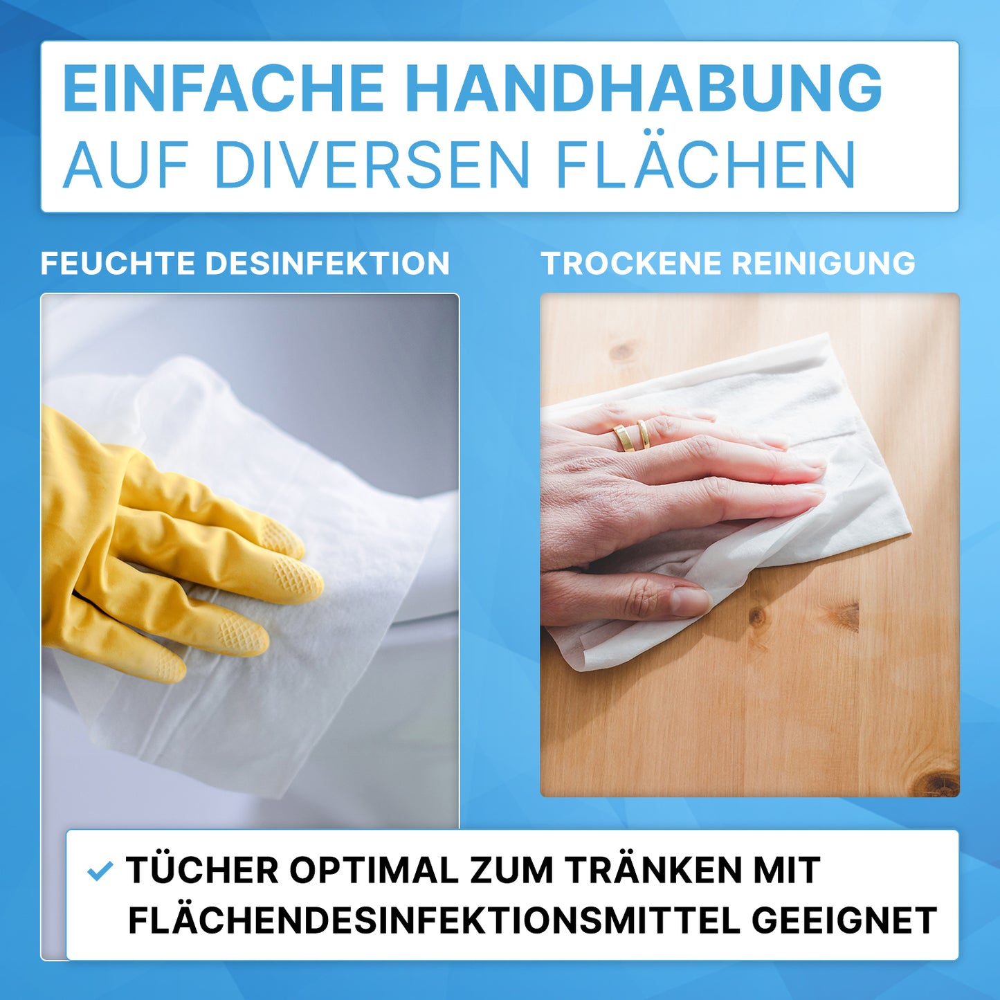 Gauche : Une main avec un gant en caoutchouc jaune utilise un chiffon humide du seau distributeur ARNOMED pour rouleaux de lingettes de ARNOWA GmbH pour la désinfection ; droite, une main nue utilise un chiffon sec. Le texte explique les applications.