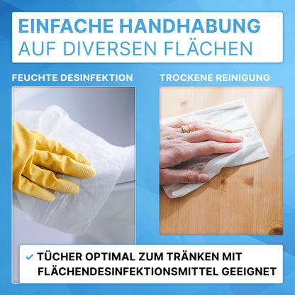 Gauche : Une main avec un gant en caoutchouc jaune utilise un chiffon humide du seau distributeur ARNOMED pour rouleaux de lingettes de ARNOWA GmbH pour la désinfection ; droite, une main nue utilise un chiffon sec. Le texte explique les applications.