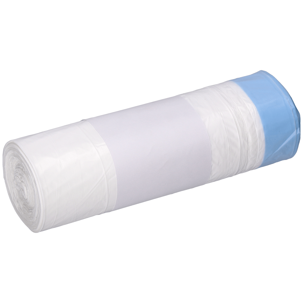 Un rouleau de sacs poubelles blancs DEISS 56004 (25 pièces, 500x600+50x0,015 mm) de EMIL DEISS KG (GmbH + Co.), avec un sac bleu à la fin, est enveloppé dans une étiquette blanche simple et placé sur un fond clair.