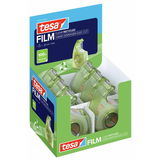 Dérouleur manuel tesa HAND DISPENSER EASY CUT RECYCLED, vert, avec ruban tesafilm Clear Recycled 33 m x 19 mm, avec étiquette EAN