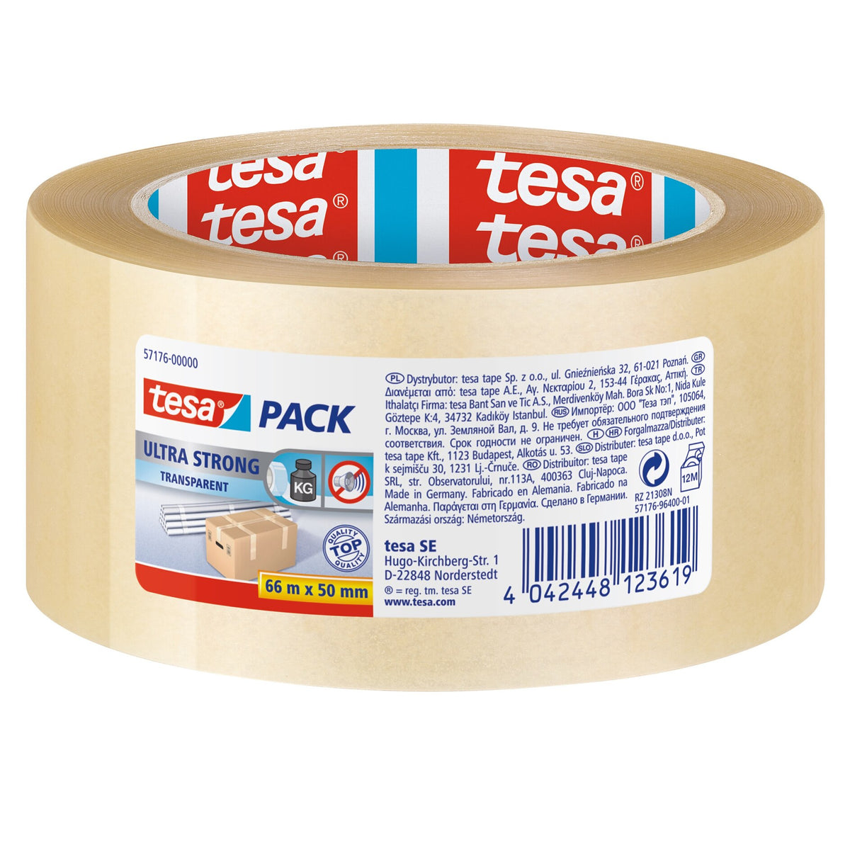 Ruban d'emballage Tesapack Ultra Strong avec étiquette, transparent, 66 m x 50 mm