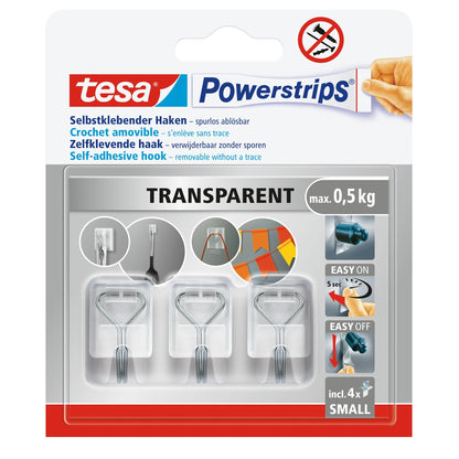 tesa Powerstrips Selbstklebende Haken mit abnehmbaren Drahthaken, transparent