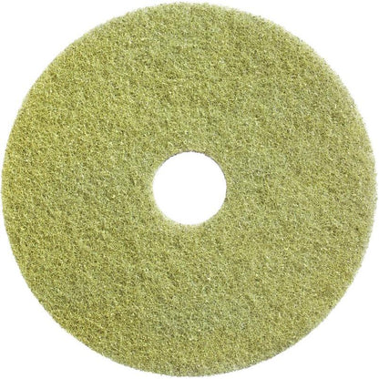 Le tampon Diversey Twister (jaune) de Diversey Deutschland GmbH & Co. OHG est un tampon plat et rond avec une surface texturée et un trou central, idéal pour la restauration des sols en pierre; illustré de dessus sur fond blanc.