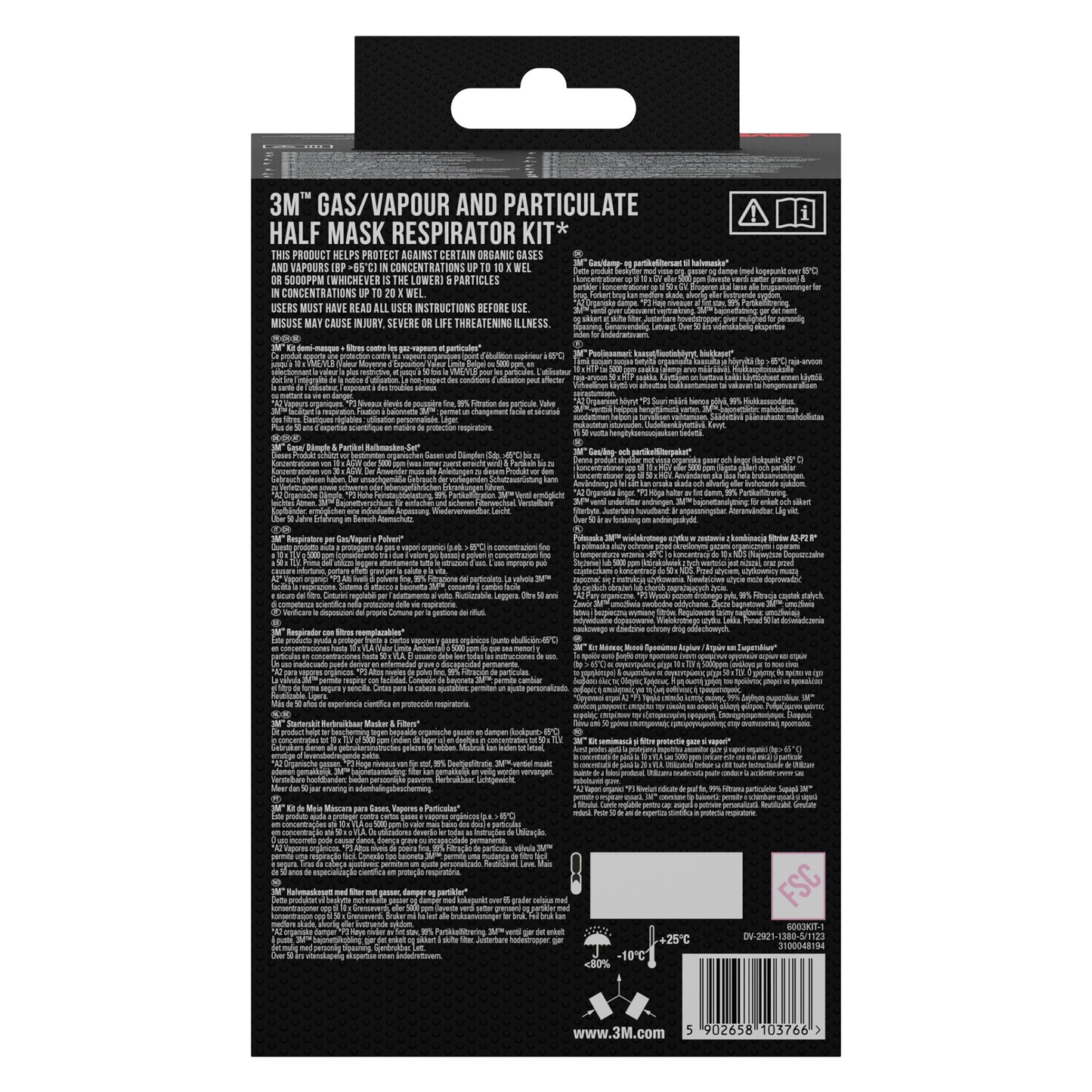 Die Rückseite eines 3M™ Filtersatzes 6003-1SP, A2P3 (2x6055, 2x5935, 2x501) von 3M Deutschland GmbH zeigt Produktinfos zur Verwendung mit organischen Dämpfen und Partikeln sowie Anweisungen, Warnhinweise und Symbole in Weiß auf Schwarz.