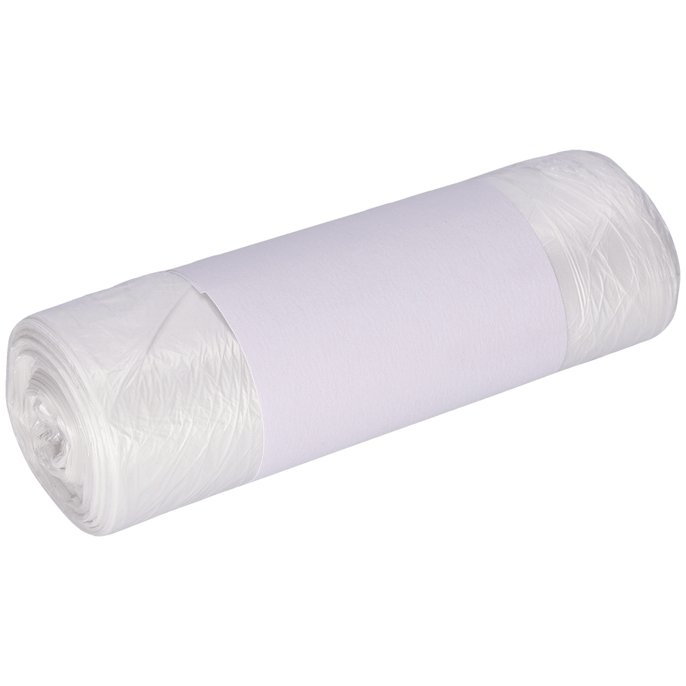 Un rouleau de sacs poubelle DEISS 490x600 mm en HDPE 30 l de EMIL DEISS KG (GmbH + Co.) est enveloppé dans une bande de papier blanche unie et emballé hermétiquement devant un fond clair.