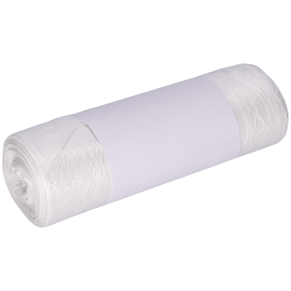 Un rouleau de sacs poubelle DEISS 490x600 mm en HDPE 30 l de EMIL DEISS KG (GmbH + Co.) est enveloppé dans une bande de papier blanche unie et emballé hermétiquement devant un fond clair.
