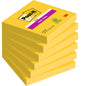 Un paquet de six blocs de Post-it® Notes rectangulaires jaunes, 76 x 76 mm, 90 feuilles par bloc de 3M Deutschland GmbH. Le bloc supérieur est muni d'une étiquette "Super Sticky" magenta. Fabriqué à partir de papier certifié PEFC à 100% (SGSCH-PEFC-COC-110078).