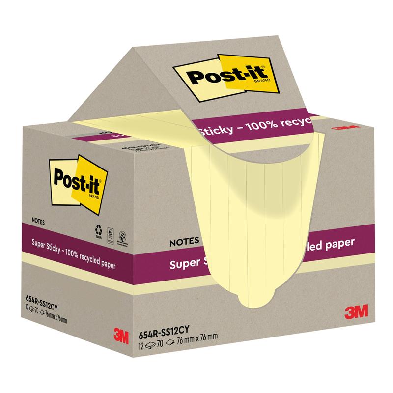 Une boîte ouverte de Post-it® Super Sticky 100% Notes Recyclées (76x76 mm, 70 feuilles/bloc, 100% PEFC) de 3M Allemagne GmbH montre des notes jaunes avec des étiquettes indiquant la marque et les données du produit.