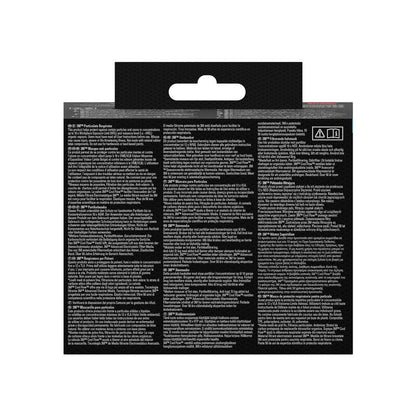 L'image montre le dos d'un masque respiratoire à particules 3M™ Aura™ Comfort Cool Flow™ 9332+ (FFP3, avec valve) de 3M Deutschland GmbH. L'emballage noir contient trois colonnes de texte blanc multilingue et une languette de suspension en haut.
