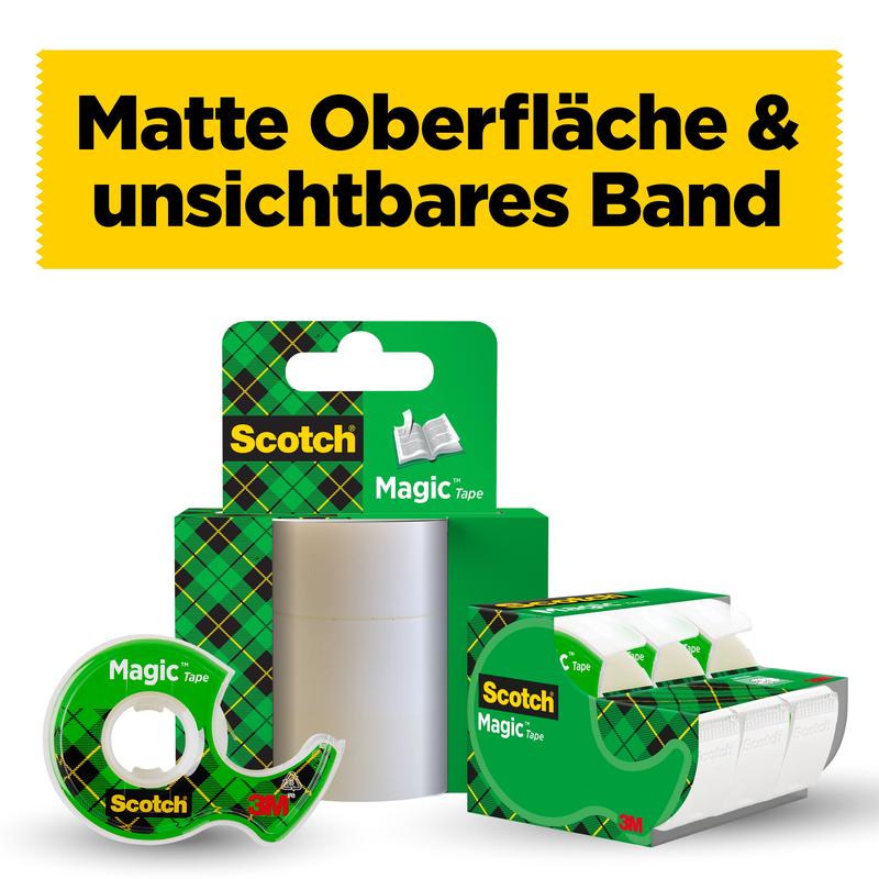 Illustré est un paquet de ruban adhésif invisible Scotch® Magic™ de 3M Deutschland GmbH (19 mm x 25 m) au design à carreaux verts, avec un rouleau dans un dévidoir manuel plus 5 m gratuits. En haut est écrit en allemand : "Surface mate & bande invisible."