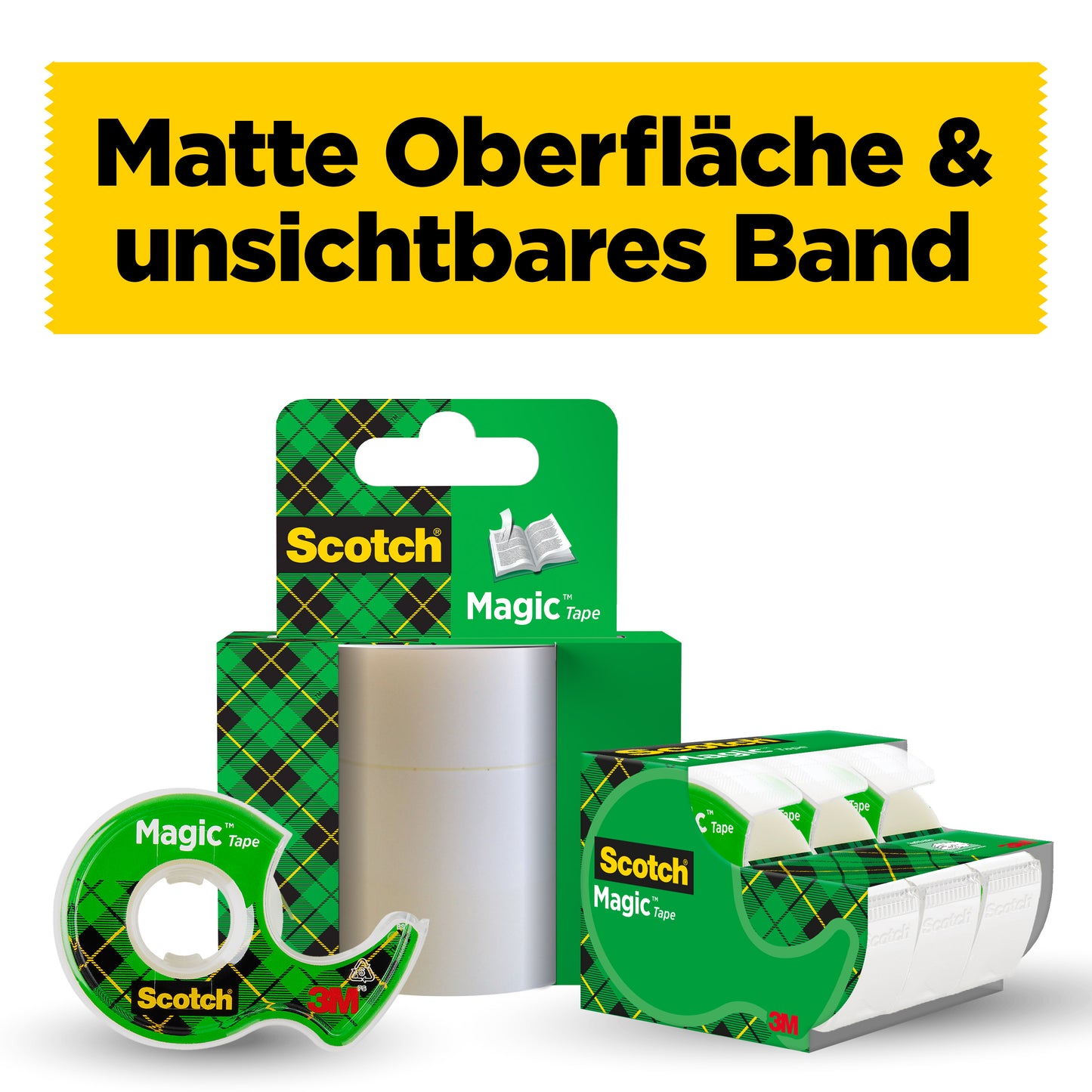 Le ruban adhésif invisible Scotch® Magic™ de 3M Deutschland GmbH est illustré : 3 rouleaux (19 mm x 25 m) plus 1 dévidoir manuel gratuit. En arrière-plan, sur une bannière jaune, il est écrit : "Surface mate & ruban invisible".