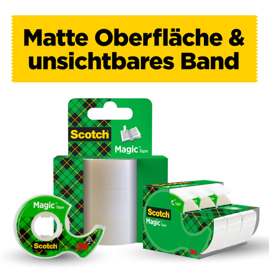 Ein Display der 3M Deutschland GmbH Scotch® Magic™ Unsichtbares Klebeband Nachfüllpackung, 2 Rollen (19 mm x 7,5 m), mit verpacktem Klebeband und dem deutschen Text "Matte Oberfläche & unsichtbares Band" auf gelbem Hintergrund.