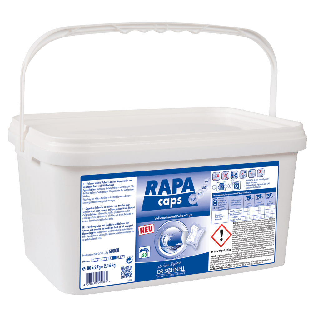 Une boîte en plastique blanc avec l'inscription "Dr. Schnell RAPA CAPS Détergent en poudre, dosage manuel, hygiène du linge" (2160 g) de DR.SCHNELL GmbH & Co. KGaA dispose d'une poignée, d'un autocollant bleu et blanc, de symboles de sécurité et d'un mode d'emploi.