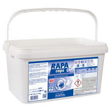 Eine weiße Kunststoffdose mit der Aufschrift "Dr. Schnell RAPA CAPS Vollwaschmittelpulver, manuelle Dosierung, Wäschehygiene" (2160 g) der DR.SCHNELL GmbH & Co. KGaA verfügt über einen Griff, einen blau-weißen Aufkleber, Sicherheitssymbole und eine Anleitung.