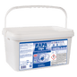 Une boîte en plastique blanc avec l'inscription "Dr. Schnell RAPA CAPS Détergent en poudre, dosage manuel, hygiène du linge" (2160 g) de DR.SCHNELL GmbH & Co. KGaA dispose d'une poignée, d'un autocollant bleu et blanc, de symboles de sécurité et d'un mode d'emploi.