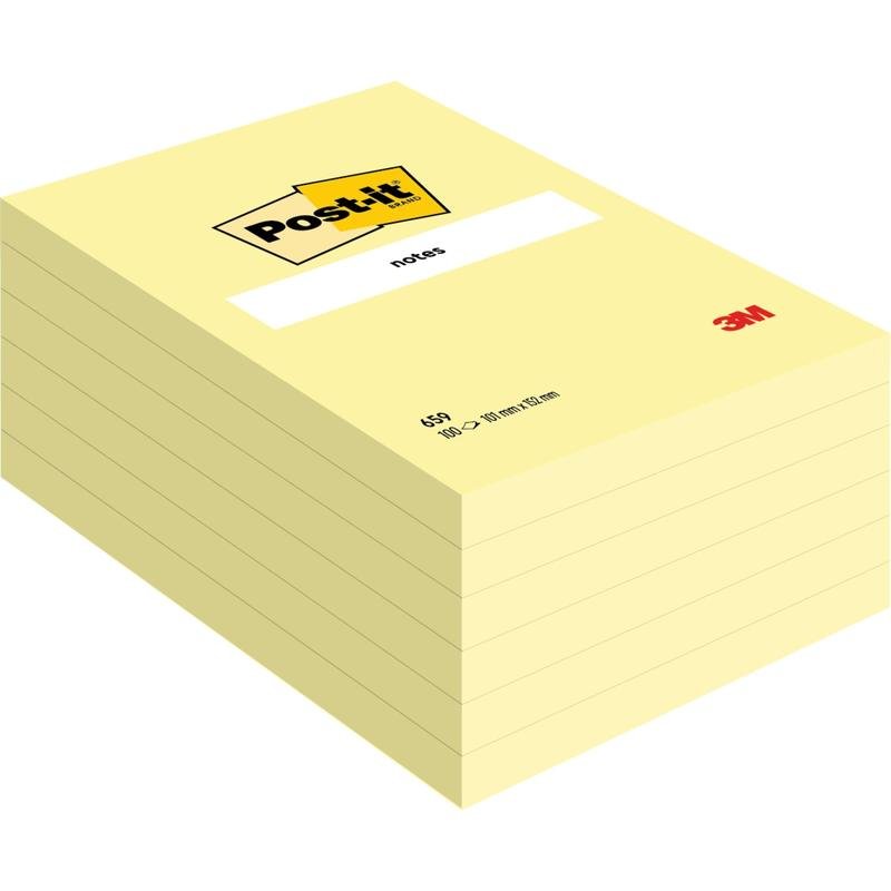 Une pile de nouveaux grands Post-it® Notes jaunes (101 mm x 152 mm) de 3M Deutschland GmbH, avec des blocs bien alignés et une étiquette "notes" sur le dessus.