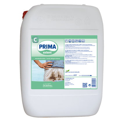 Ein weißer Kunststoffbehälter mit 25 kg Dr. Schnell PRIMA EXTENT Waschmittelverstärker von DR.SCHNELL GmbH & Co. KGaA, entwickelt für die professionelle Reinigung, mit dem Bild eines schmutzigen Hemdes und mehrsprachigen Anweisungen auf dem Etikett.