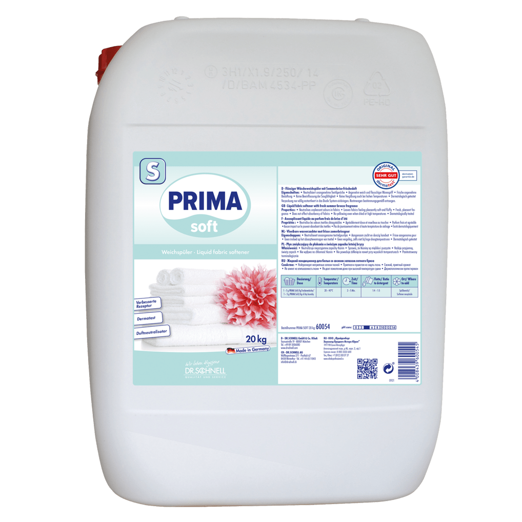 Un conteneur en plastique blanc de 20 kg de Dr. Schnell PRIMA SOFT adoucissant doux de DR.SCHNELL GmbH & Co. KGaA, avec une étiquette bleu-blanc avec des serviettes pliées, une fleur rose et des informations sur le produit en allemand.