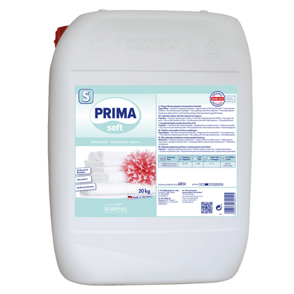 Un conteneur en plastique blanc de 20 kg de Dr. Schnell PRIMA SOFT adoucissant doux de DR.SCHNELL GmbH & Co. KGaA, avec une étiquette bleu-blanc avec des serviettes pliées, une fleur rose et des informations sur le produit en allemand.