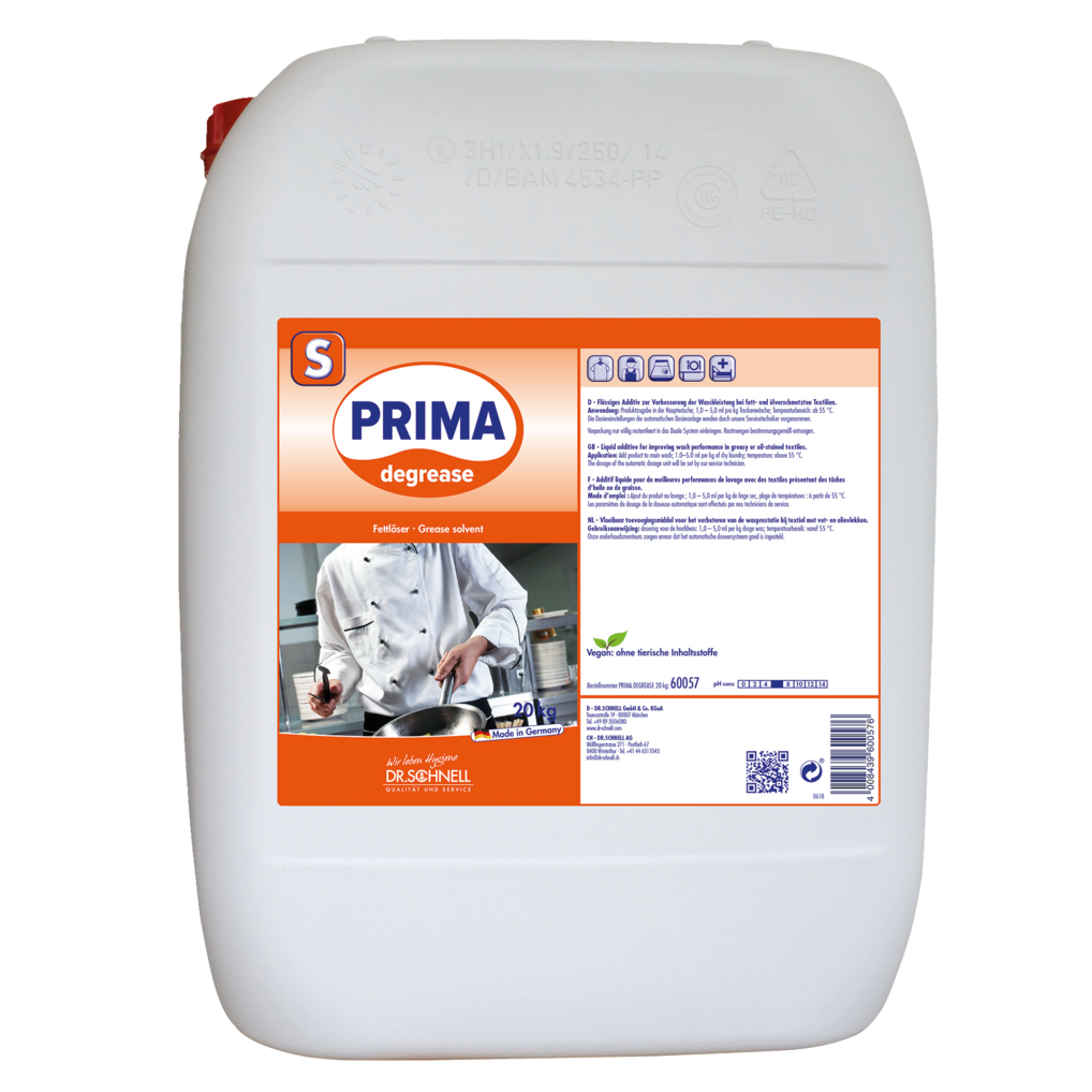 Ein großer weißer Kunststoffkanister von 20 kg mit der Aufschrift "Dr. Schnell PRIMA DEGREASE Flüssiger Fettlöser für Wäschehygiene, DRS Dosierung" von DR.SCHNELL GmbH & Co. KGaA, mit Produktinformation, Anleitung und Sicherheitssymbolen.