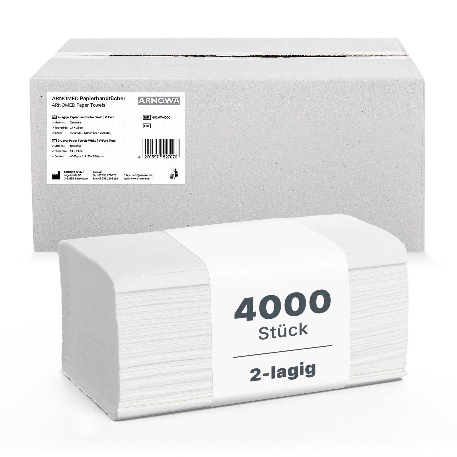 Ein Stapel weißer ARNOMED PAPIERHANDTÜCHER 25 x 23 cm | V-FALZ, beschriftet mit "4000 Stück, 2-lagig", liegt vor einem schlichten Karton der ARNOWA GmbH - perfekt für Waschräume.