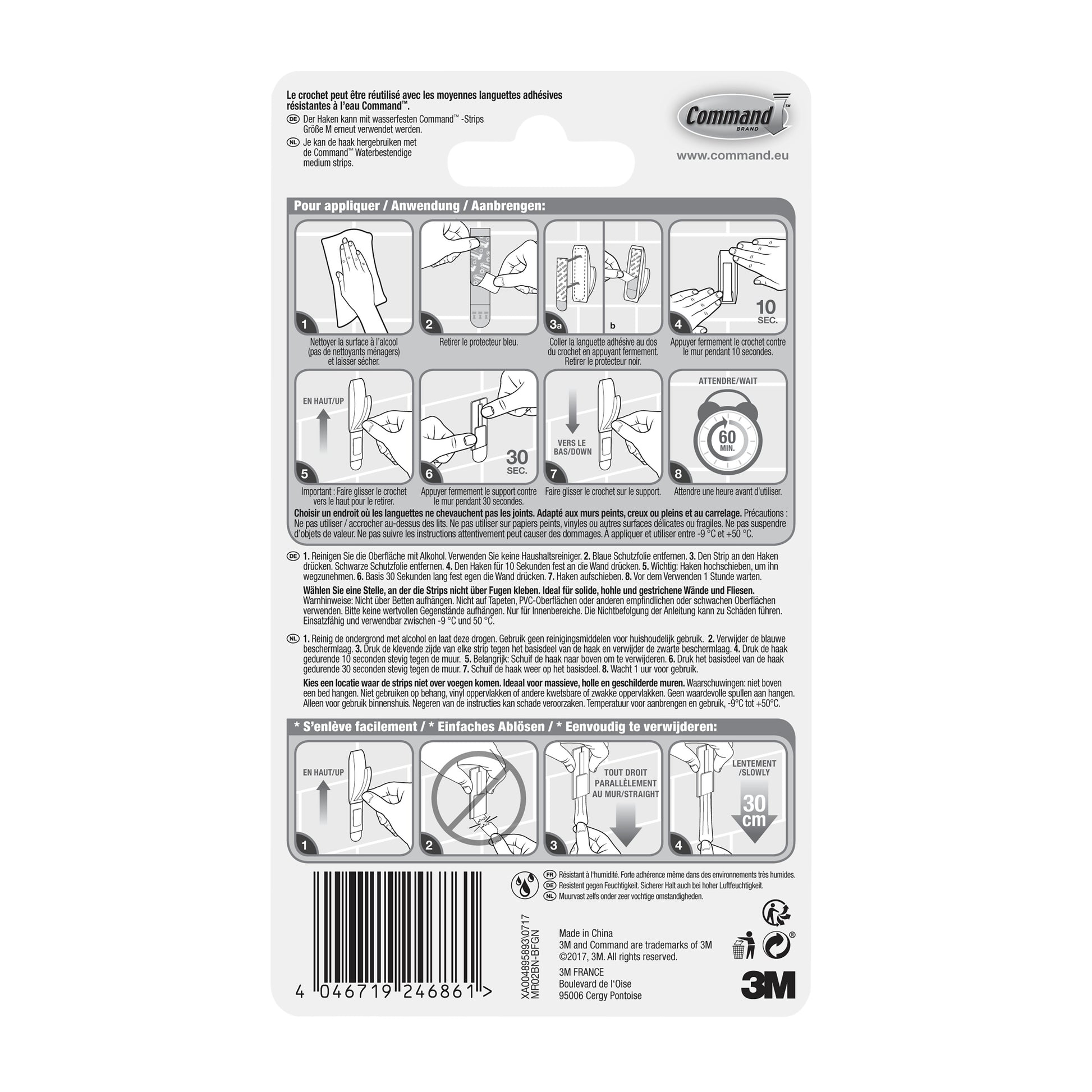 Rückseite einer Command™ Bad Metallhaken "Modern Reflection"-Verpackung der 3M Deutschland GmbH, mit bebilderter Schritt-für-Schritt-Anleitung zum Anbringen und Entfernen des Hakens, mit mehrsprachigem Text und Produktinformationen am unteren Rand.