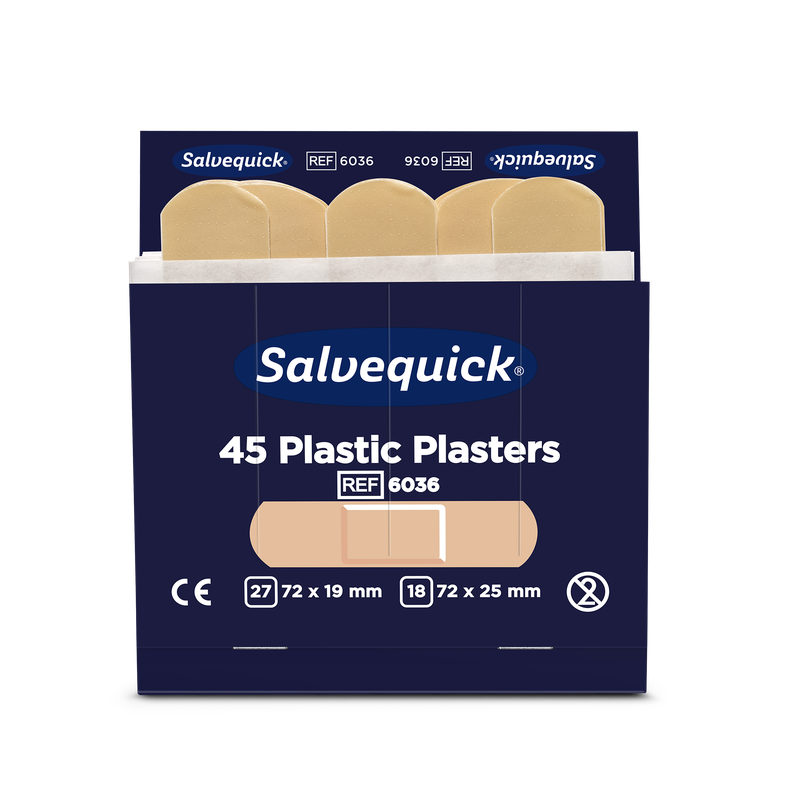 Une boîte d'Orkla Wound Care AB pansement plastique, 45 pièces/recharge (6 paquets), avec quatre pansements beiges. Le paquet offre deux tailles de soins des plaies flexibles : 27 x 72 × 19 mm et 18 x 72 × 25 mm.