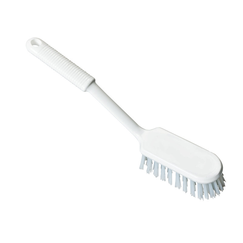 La brosse à récurer à manche long Haug Bürsten KG PBT souple, idéale pour l'industrie alimentaire, est représentée en blanc avec un long manche devant un fond blanc simple.