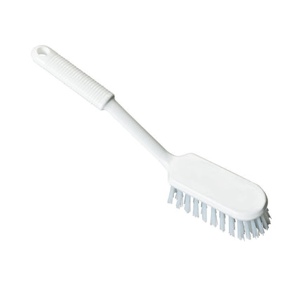 La brosse à récurer à manche long Haug Bürsten KG PBT souple, idéale pour l'industrie alimentaire, est représentée en blanc avec un long manche devant un fond blanc simple.